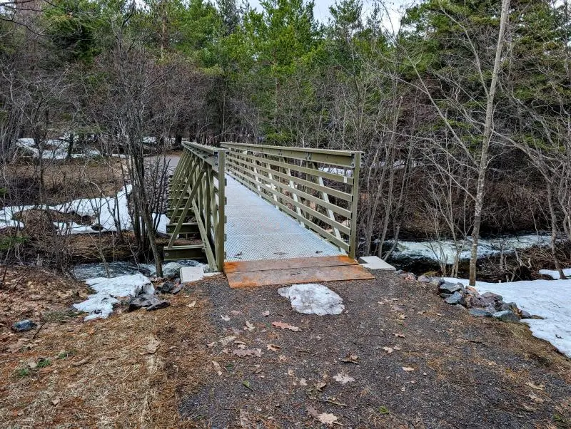 An FRP pedestrian truss bridge built over Hammell Creek, surrounded by dense green forest.
