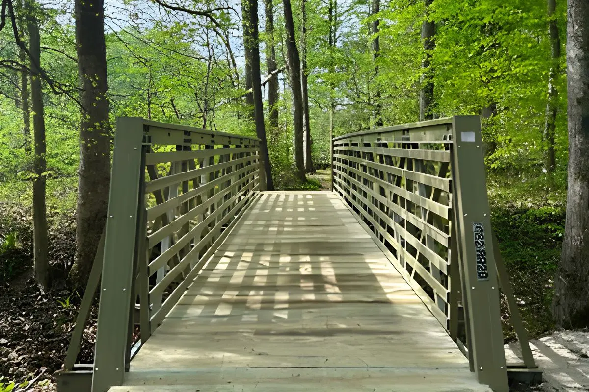 Olive green FRP truss bridge installed on the Watkins Spicebush Trail in Maryland.